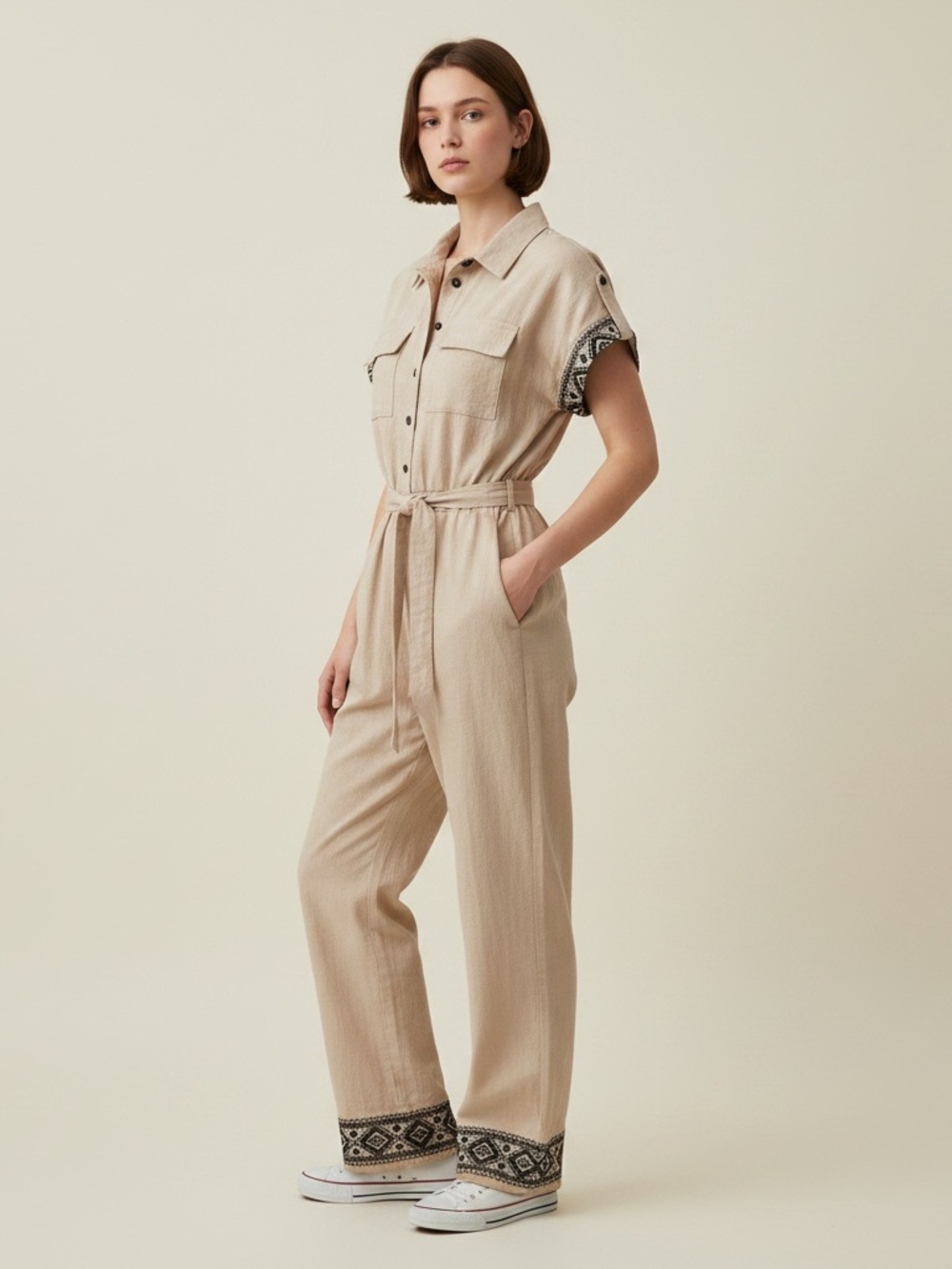 Savanna Jane Jumpsuit Size Small Belted Wide Straight Legs Pockets Aztec Details